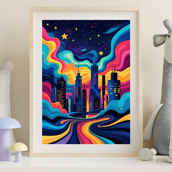 Modern Abstract City Poster Midcentury Wall Art Bold Geometric Shapes And Colour Skyscrapers Artwork Futuristic Buildings Decor