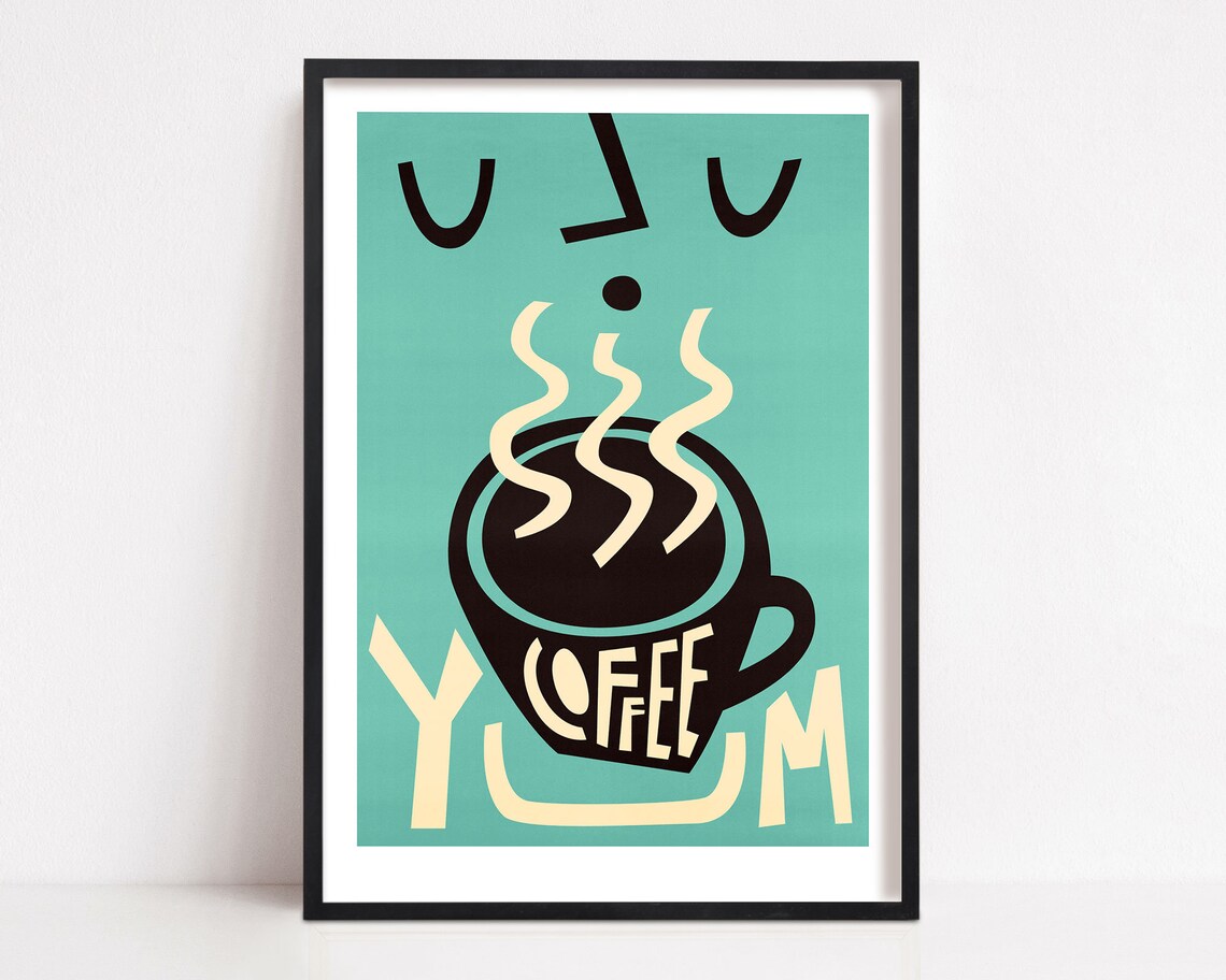 Retro Coffee Bar Poster, Teal Kitchen Decor Art Print