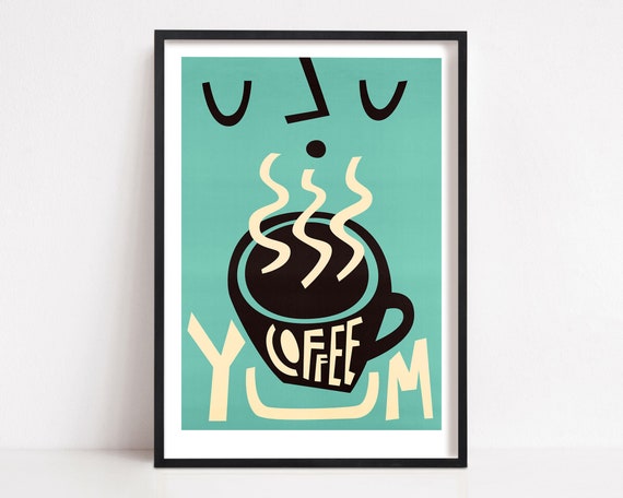 Retro Coffee Bar Poster, Teal Kitchen Decor Art Print