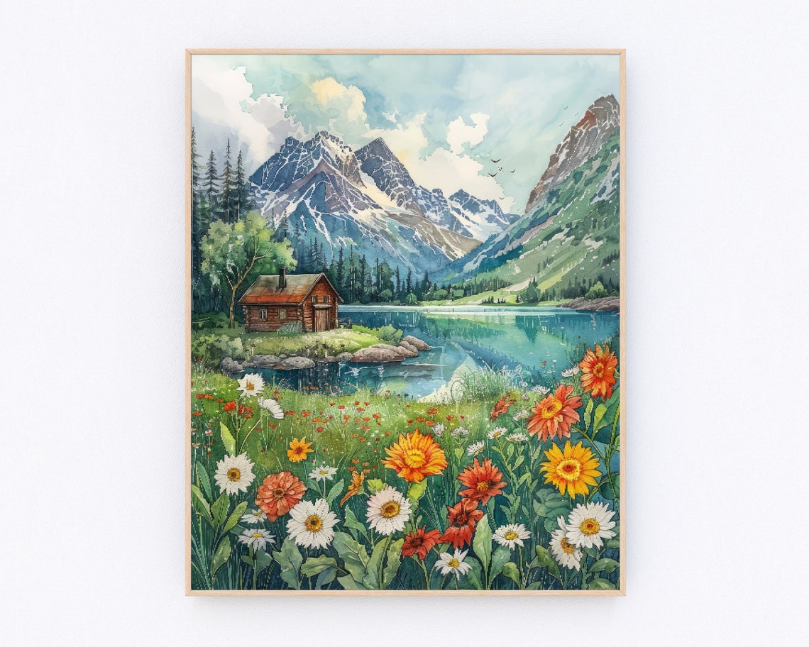 Norway Mountain Lake Cabin Watercolor Landscape Scenery Wall Poster