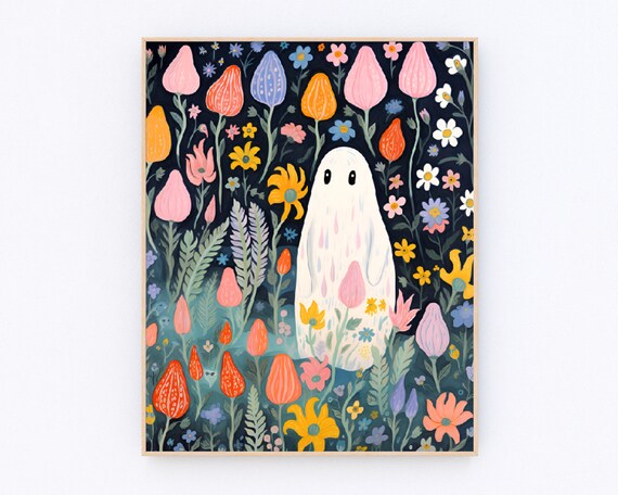 Cute Ghost Among Colorful Flowers Whimsical Pastel Halloween Art Poster
