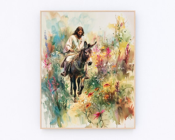 Jesus Riding a Donkey Through Wildflower Meadow Watercolor Poster