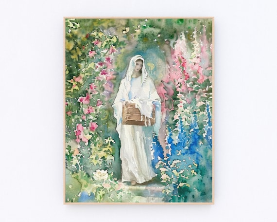 Virgin Mary with Basket Among Pink Hollyhocks Watercolor Poster