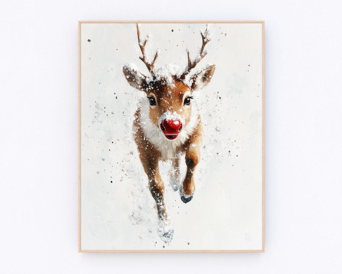 Cute Reindeer with Red Nose Running in Snow Christmas Art Poster
