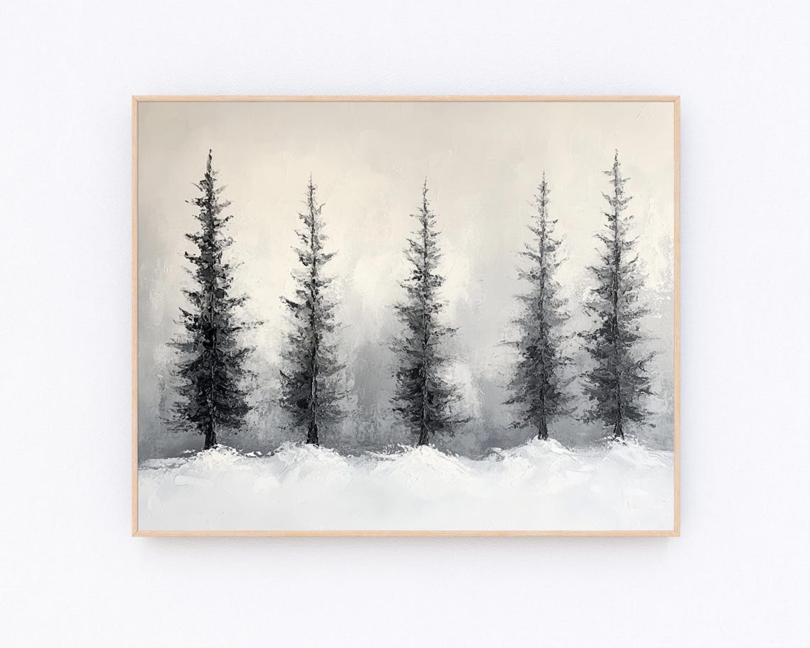 Black and White Winter Pine Trees Snow Minimalist Art Poster