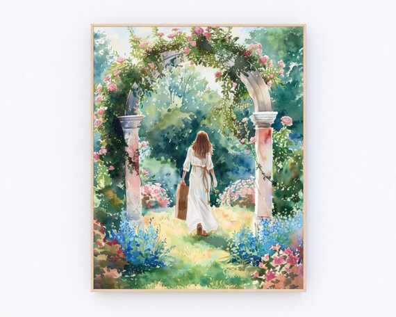 Woman in White Dress Walking Through Rose Archway Garden Poster