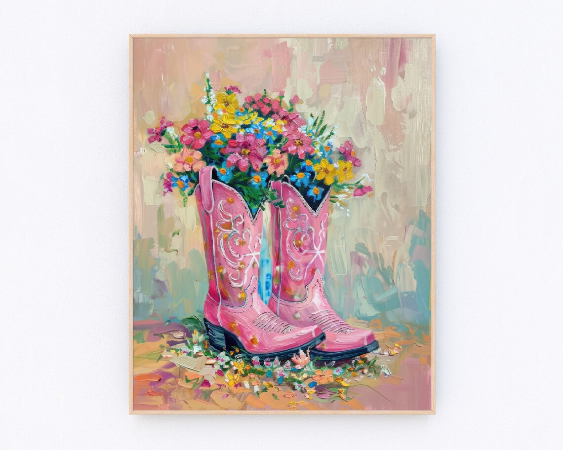 Pink Cowgirl Boots, Pastel Western Floral Art Print