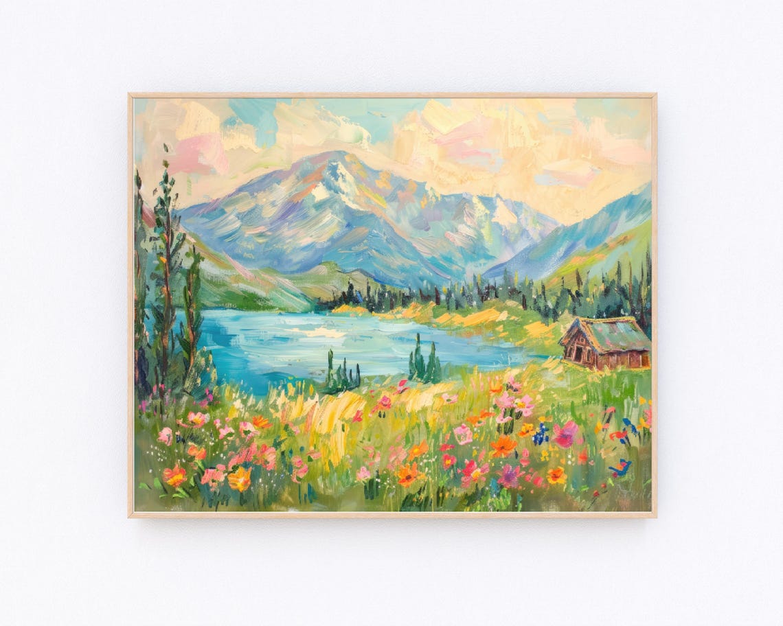 Mountain Lake Cabin Wildflower Meadow Impressionist Art Poster