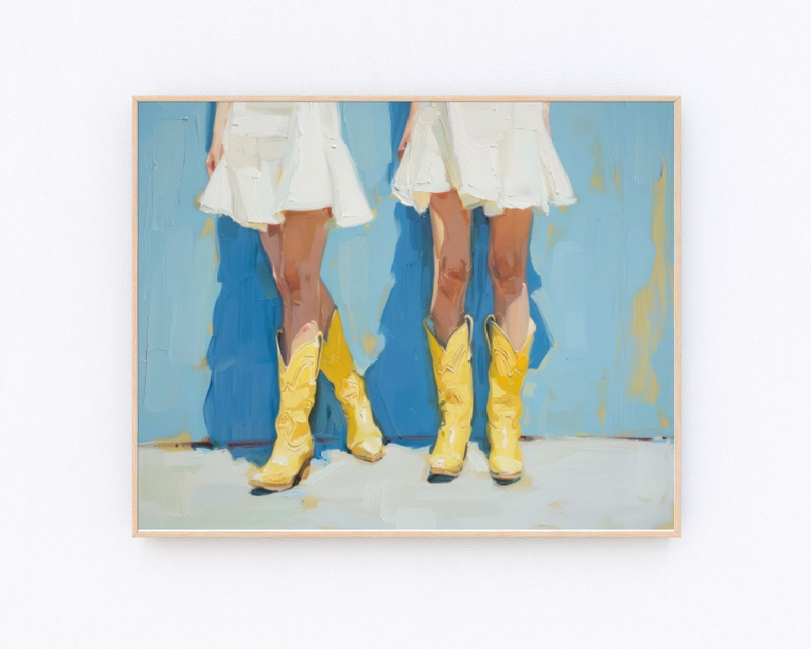 Yellow Cowboy Boots White Skirt Blue Wall Western Painting Poster