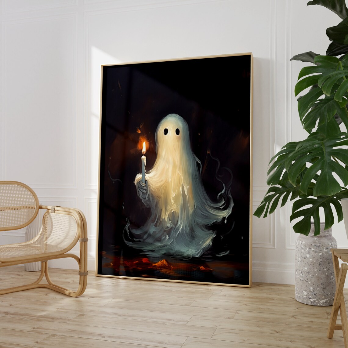 Cute Glowing Ghost Holding Candle Dark Background Halloween Wall Poster