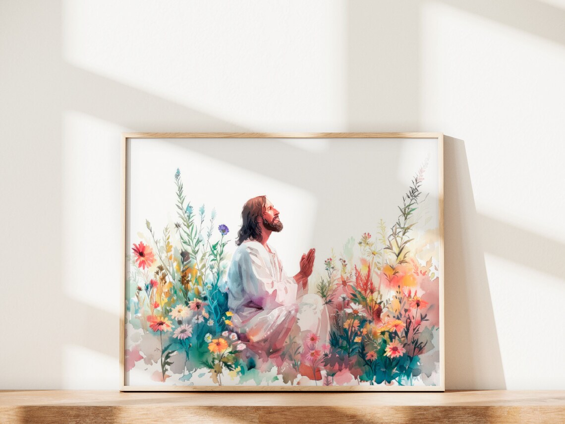 Jesus Praying Garden Wildflowers Watercolor Christian Faith Poster - Image 2