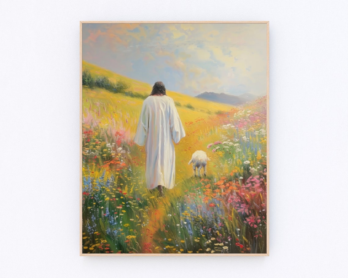 Jesus and the Lost Sheep Walking Meadow Christian Art Poster