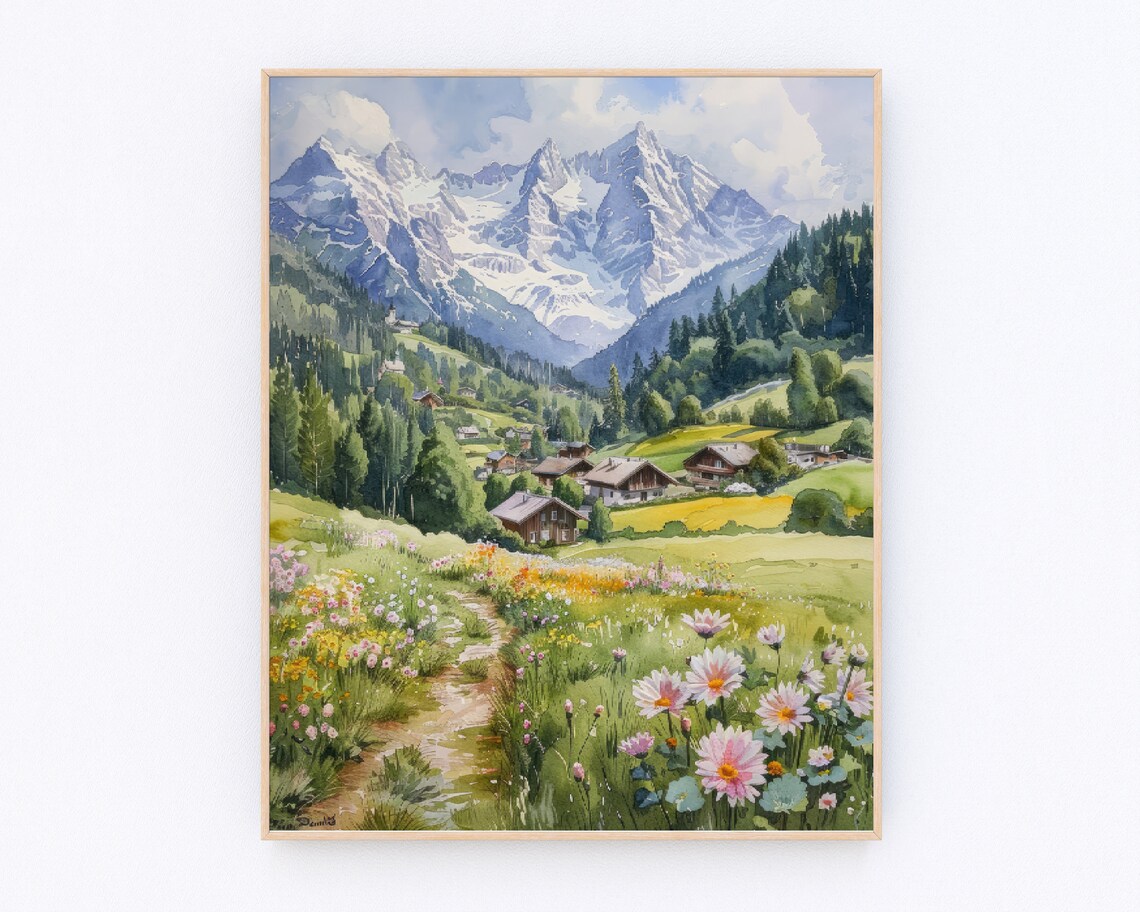 Swiss Alps Snowy Peaks Alpine Village Wildflowers Watercolor Poster