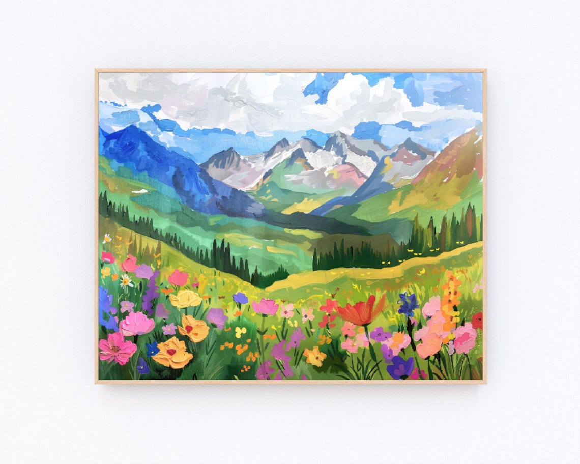 Mountains And Wildflowers Painting Mountain Landscape Mountain Oil Painting Forest Painting Floral Artwork Lake Landscape Print P665