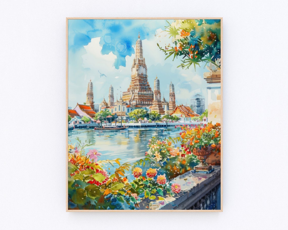 Wat Arun Bangkok Temple Riverside View Watercolor Travel Poster