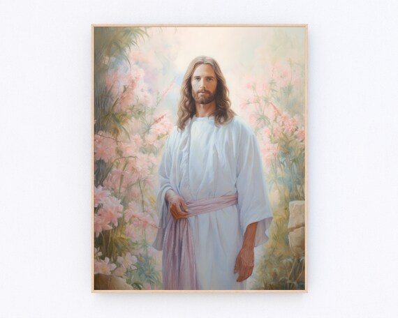 Jesus Portrait Among Pink Blossoms Pastel Garden Christian Art Print