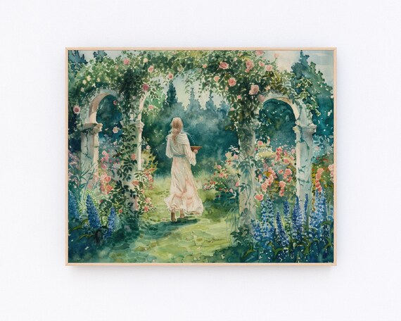 Woman Walking Through Double Rose Archway Garden Path Poster