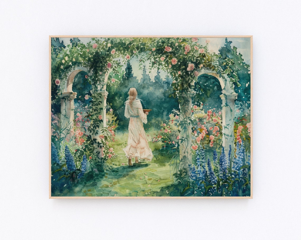Woman Walking Through Double Rose Archway Garden Path Poster