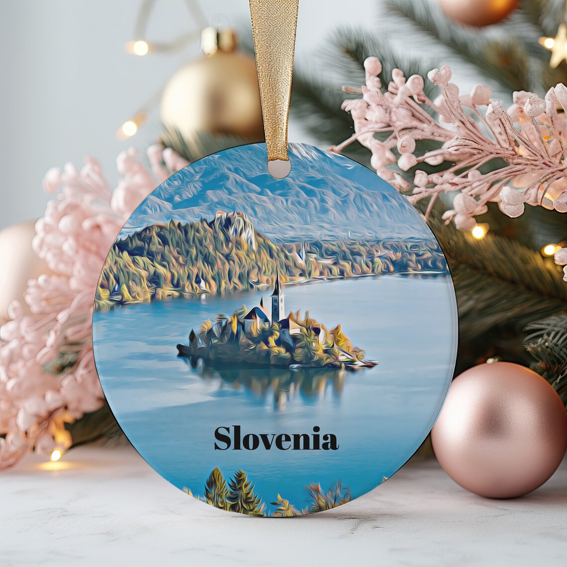 Slovenia Lake Bled Island Church Round Christmas Ornament Print