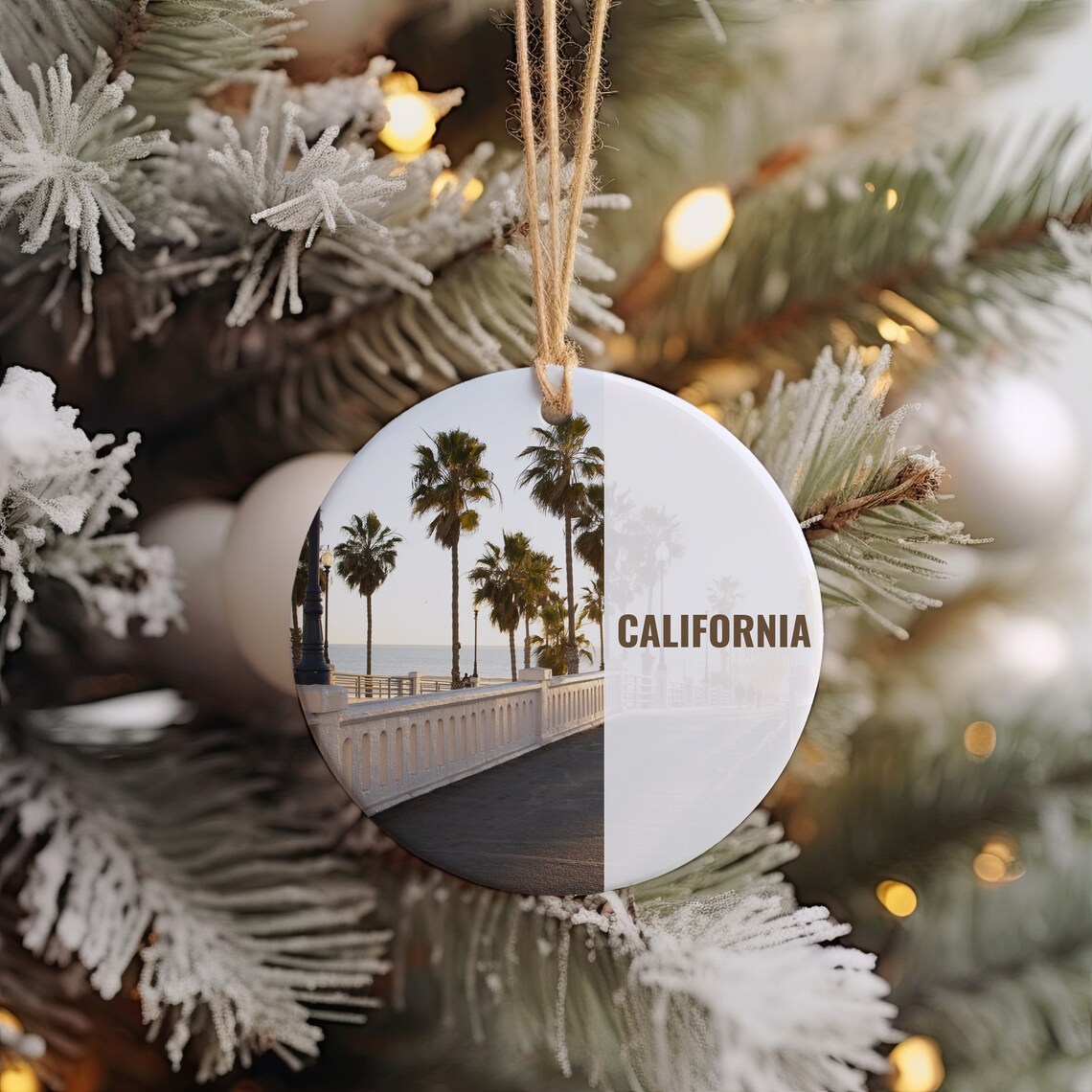 California Beach Palm Boardwalk Sunset Christmas Ornament Keepsake Art Poster