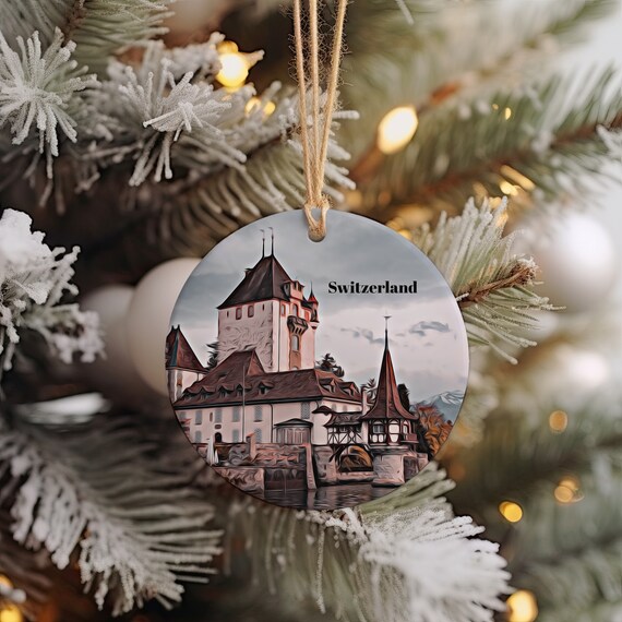 Switzerland Castle Lake Alpine Chalet Christmas Ornament Print