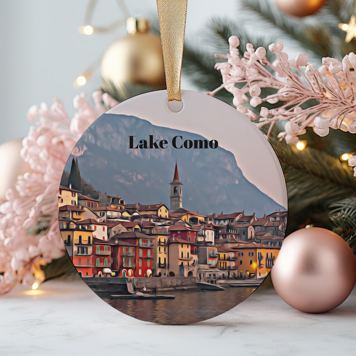 Lake Como Italy Lakeside Town Round Christmas Ornament Mountain Gift Poster