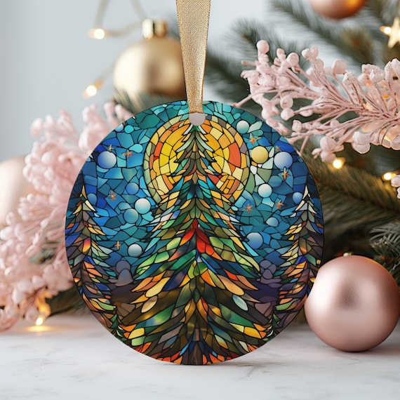 Stained Glass Pine Tree Christmas Ornament Moonlit Forest Art Print