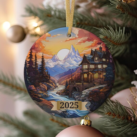 Mountain Cabin 2025 Christmas Ornament Style Alpine River Sunset Art Poster