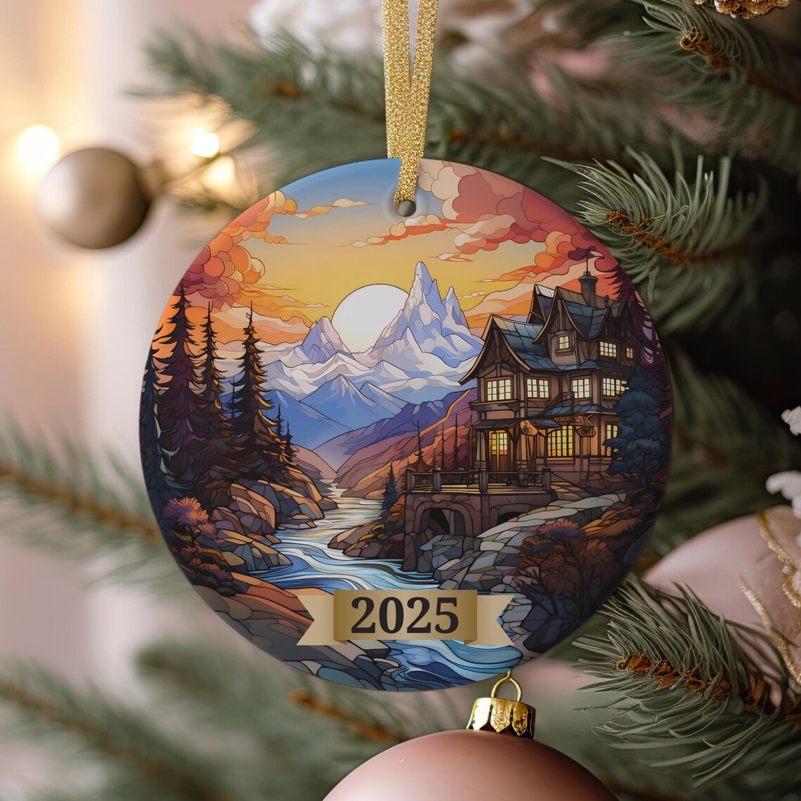 Mountain Cabin 2025 Christmas Ornament Style Alpine River Sunset Art Poster