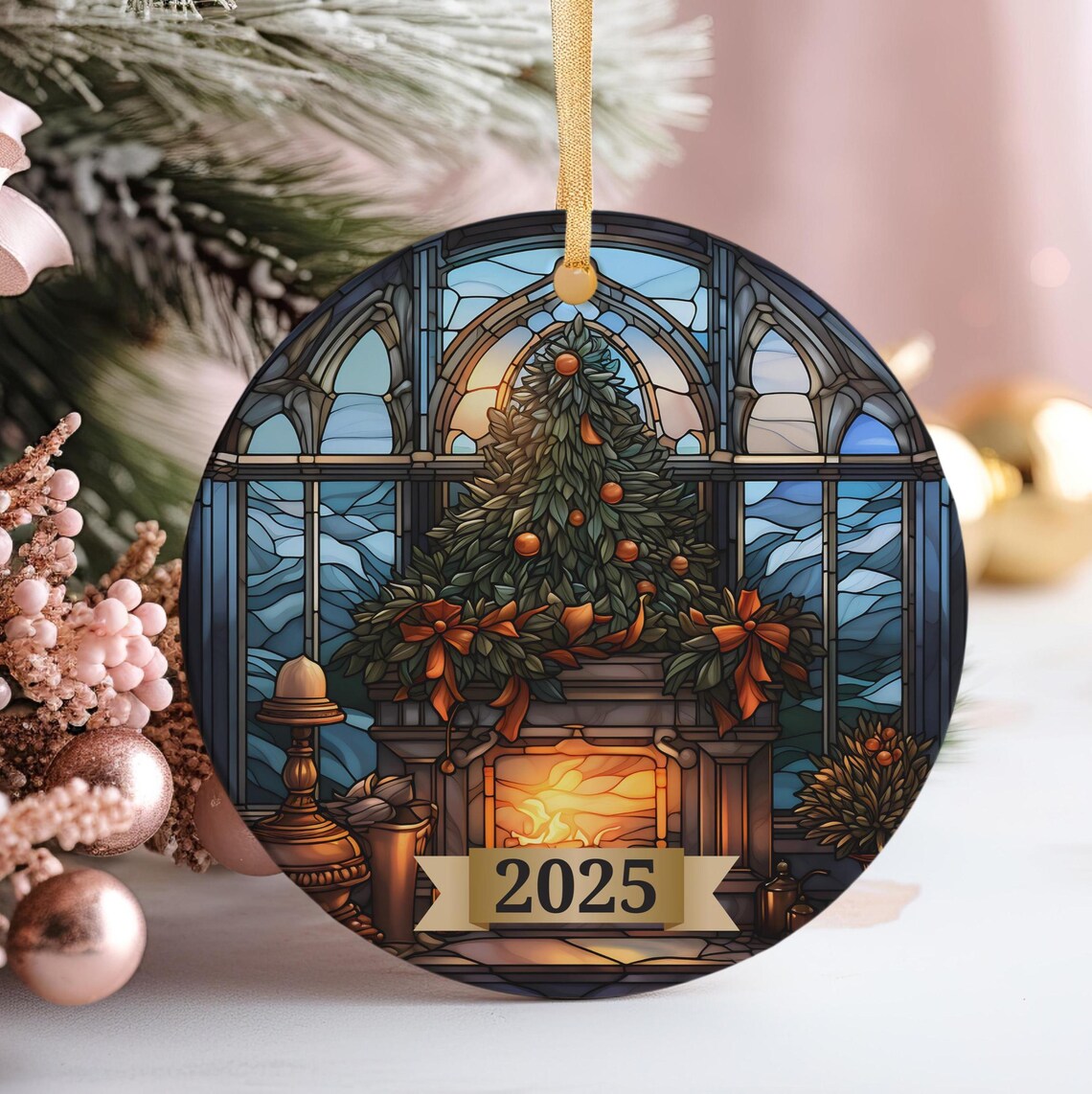 2025 Stained Glass Christmas Ornament Cozy Fireplace Tree Window Poster