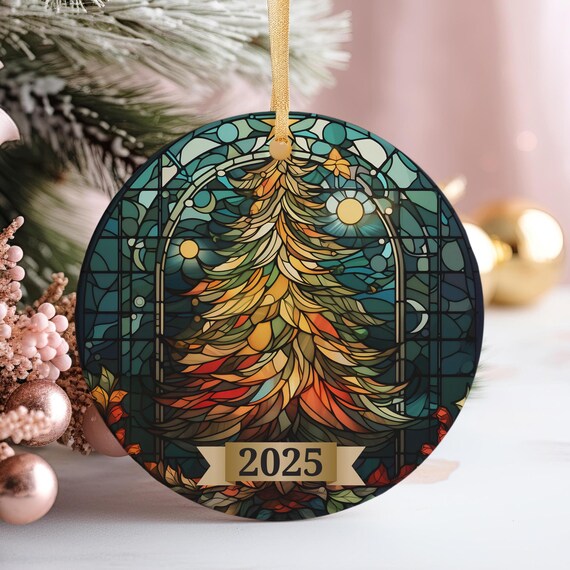 Stained Glass Autumn Tree 2025 Christmas Ornament Style Warm Holiday Art Poster