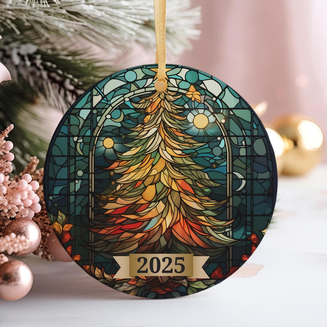Stained Glass Autumn Tree 2025 Christmas Ornament Style Warm Holiday Art Poster