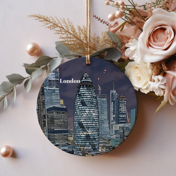 London Night Skyline Gherkin Tower Christmas Ornament Gift Wall Art