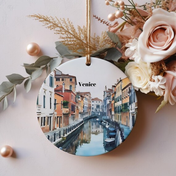 Venice Italy Canal Round Christmas Ornament Gondola Watercolor Gift Poster