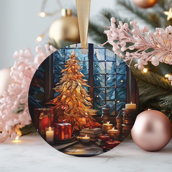 Stained Glass Golden Christmas Tree Ornament Print Gifts Candles Holiday Glow