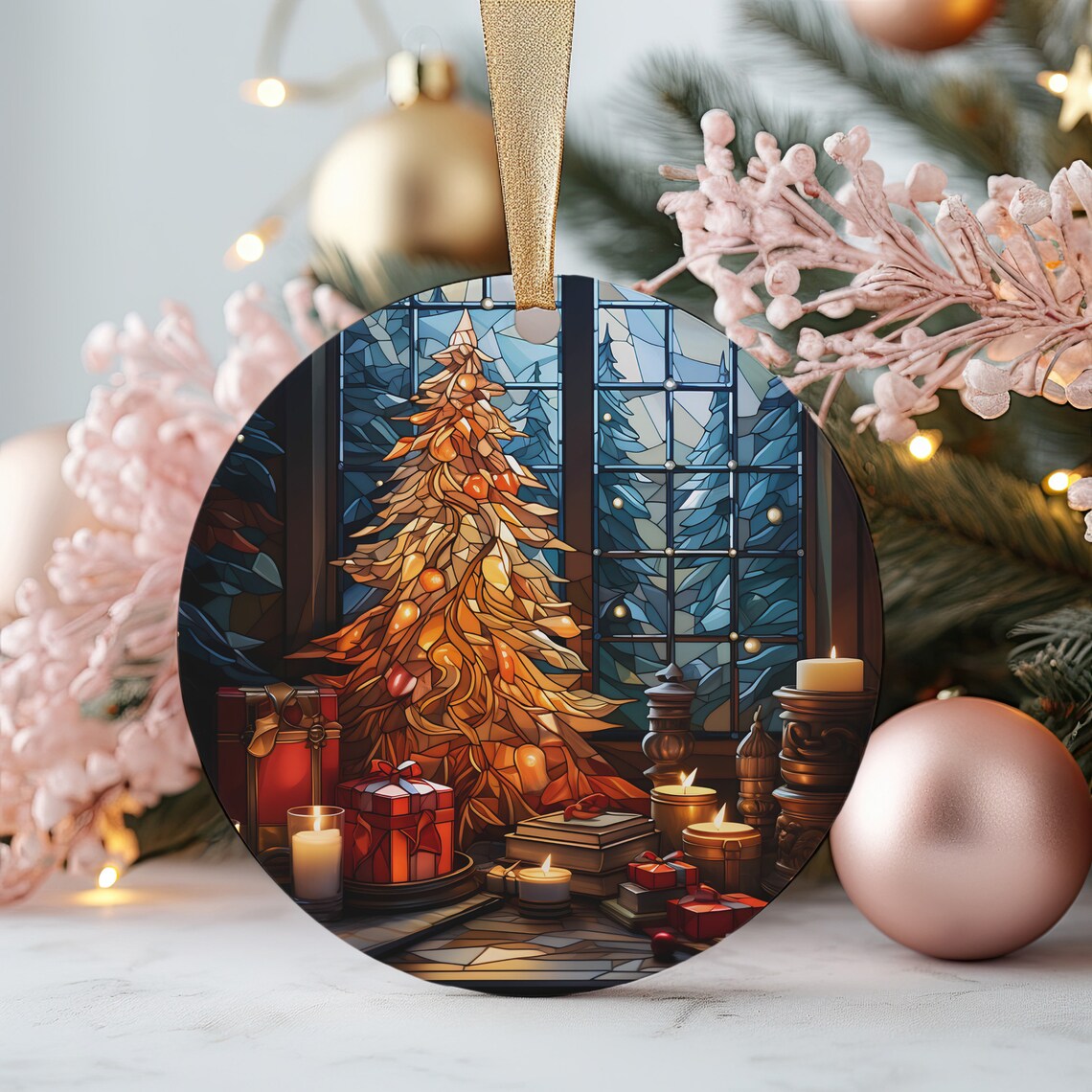 Stained Glass Golden Christmas Tree Ornament Print Gifts Candles Holiday Glow