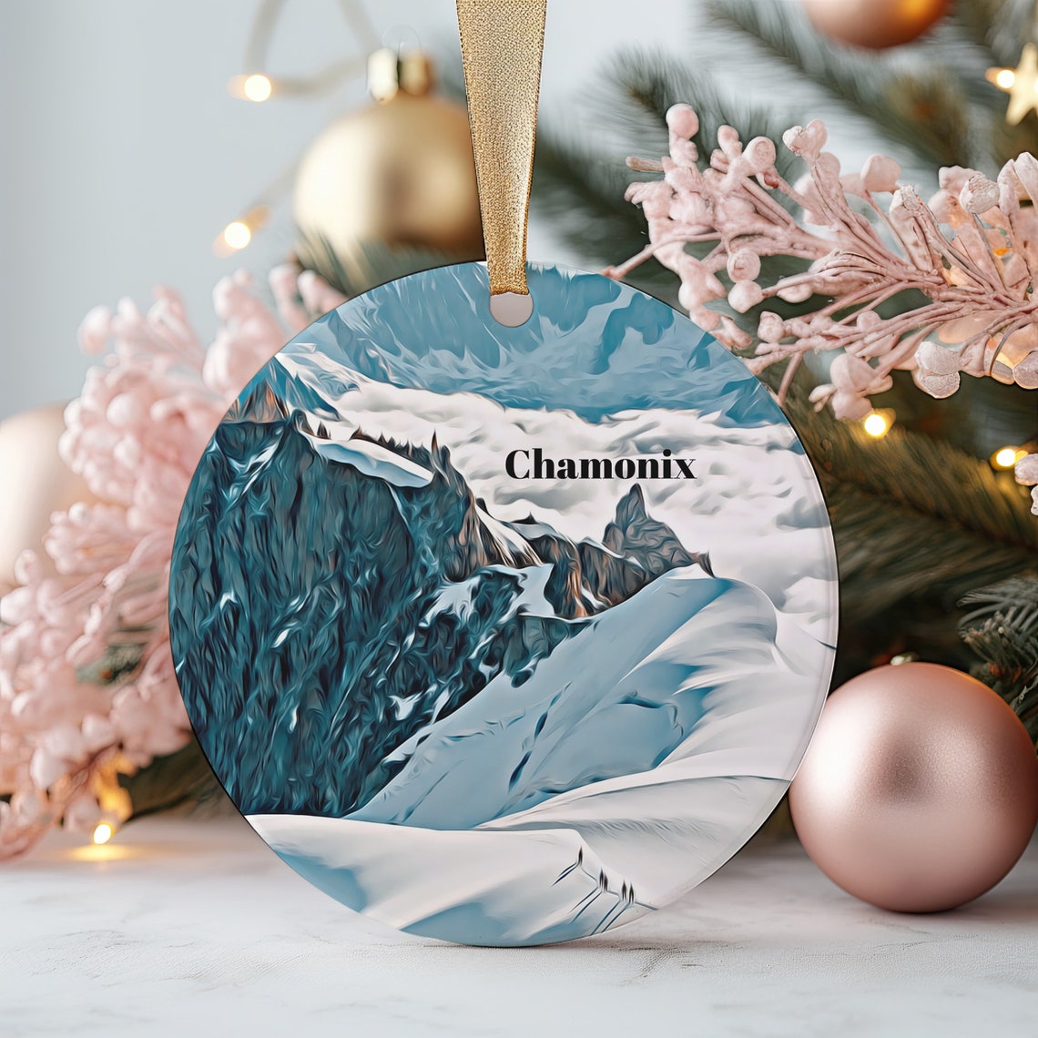 Chamonix French Alps Snow Peaks Travel Christmas Ornament Print