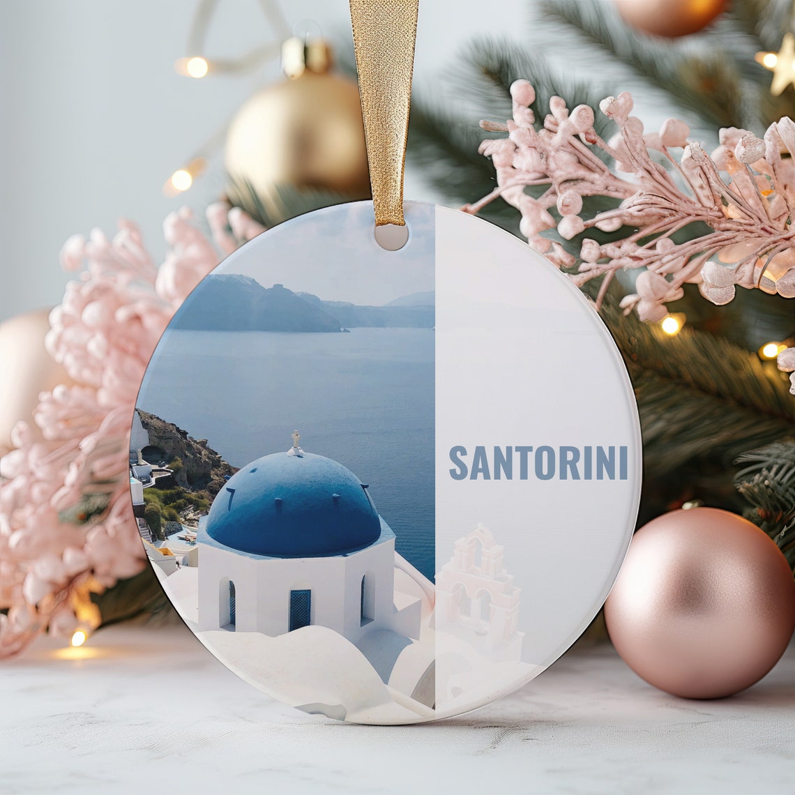 Santorini Blue Dome Church Greece Island Round Keepsake Print