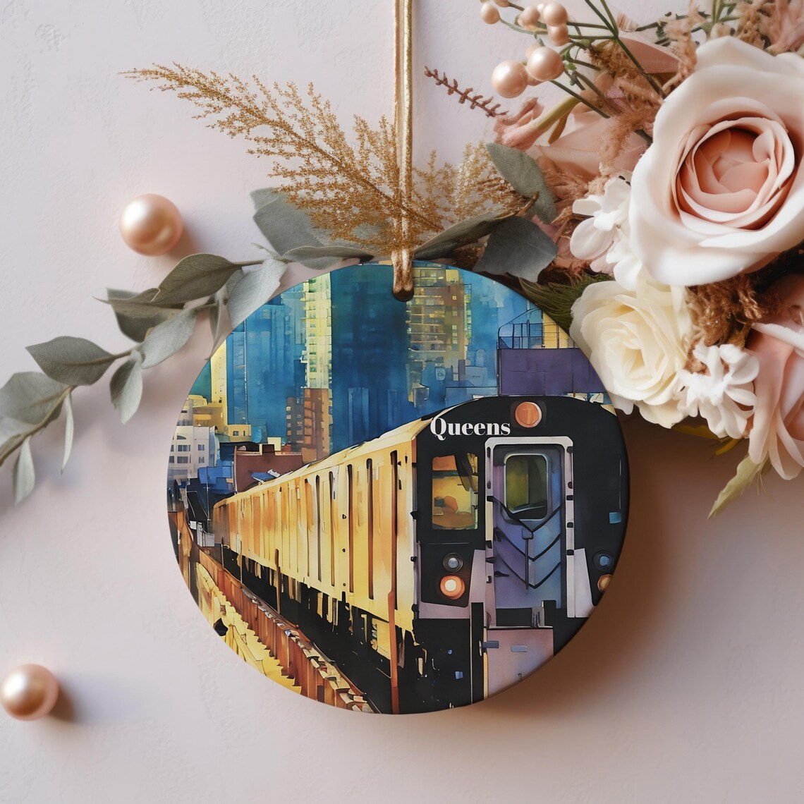 Queens New York City Subway Train Skyline Holiday Ornament Print