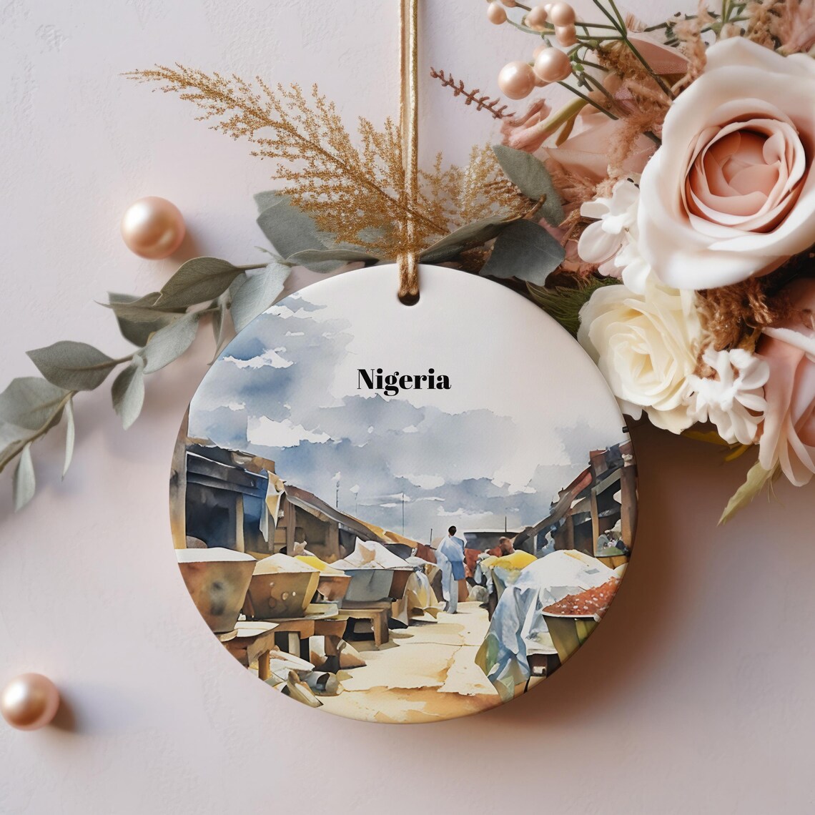 Nigeria Christmas Ornament Watercolor Market Scene Travel Poster