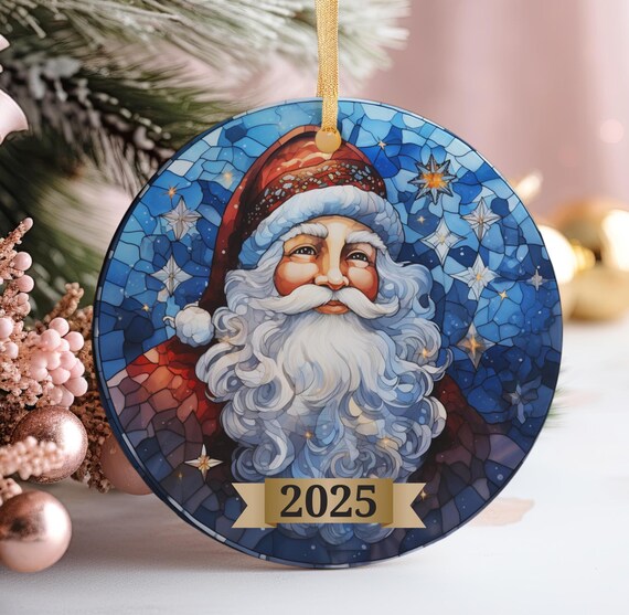 Smiling Santa Claus Stained Glass 2025 Christmas Poster Ornament