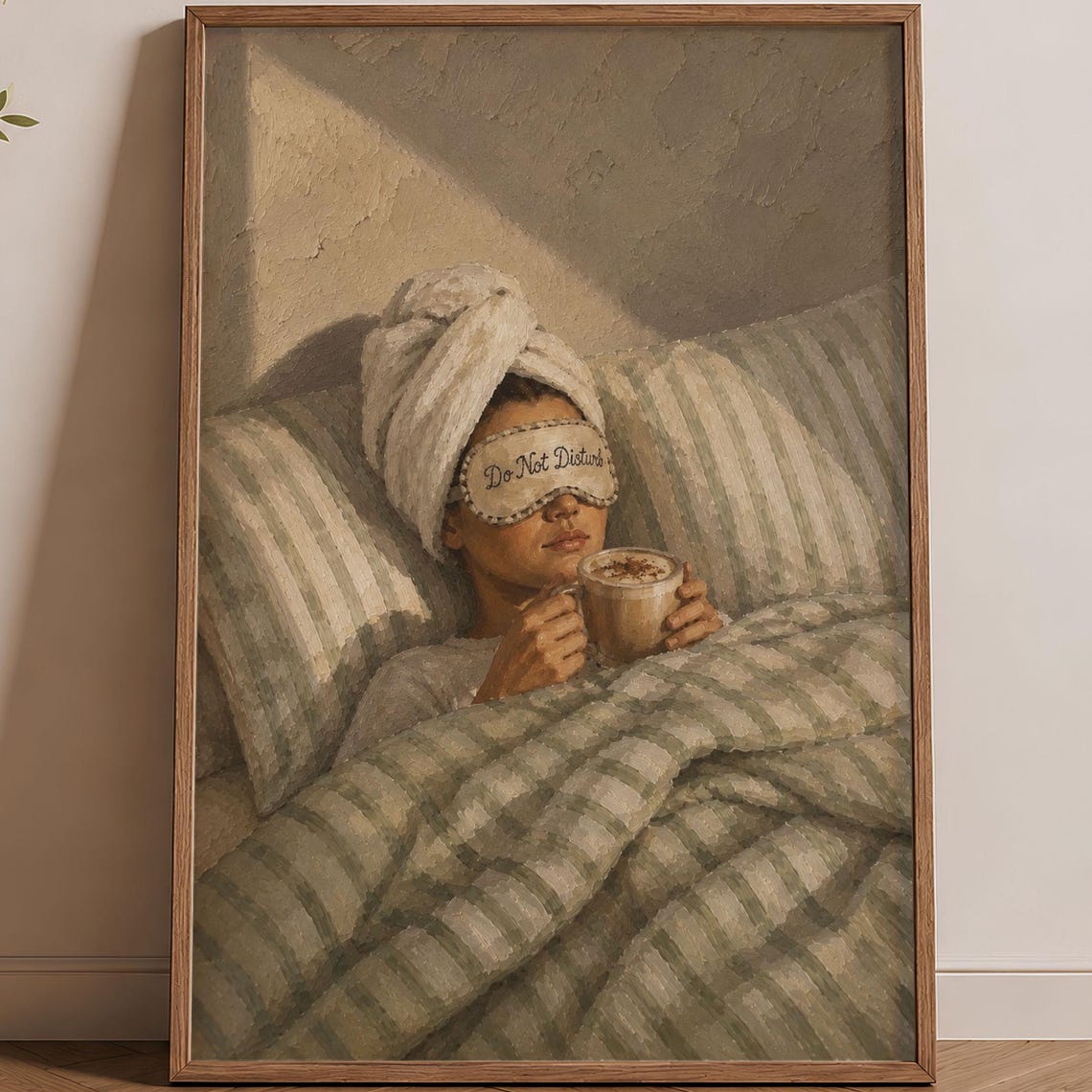 Do Not Disturb Sleep Mask Woman Latte Cozy Bed Self Care Poster