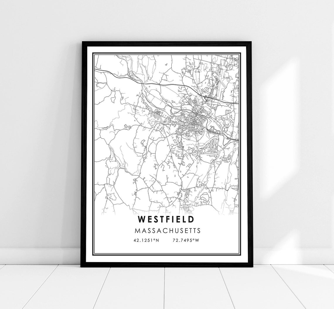 Westfield Massachusetts City Street Map Print With Coordinates