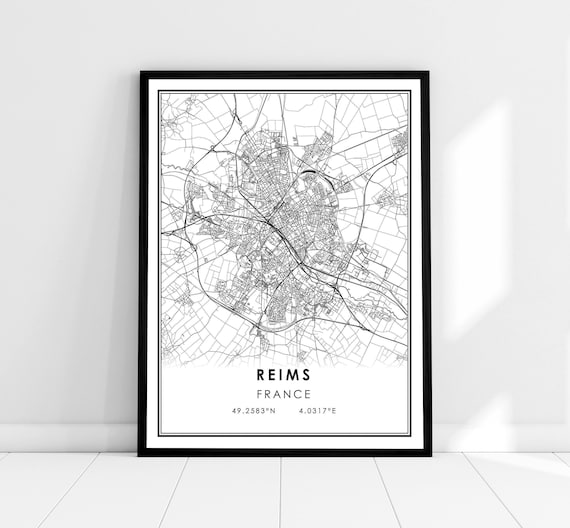 Reims France City Street Map with Coordinates Minimalist Print