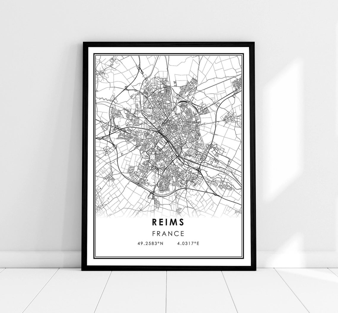 Reims France City Street Map with Coordinates Minimalist Print