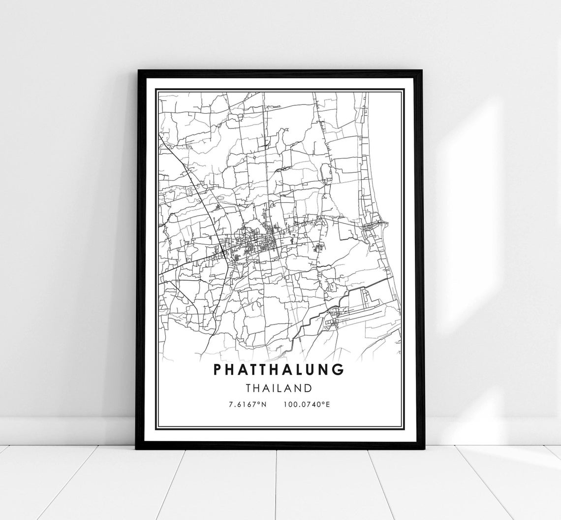 Phatthalung Thailand Minimalist Black and White City Street Map Poster