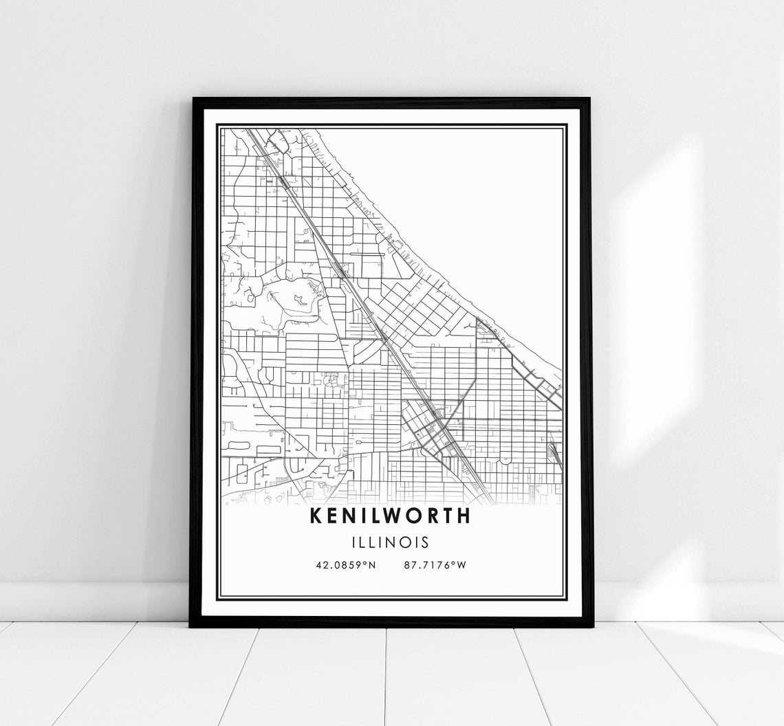 Kenilworth Illinois Minimalist Black And White Street Map City Poster