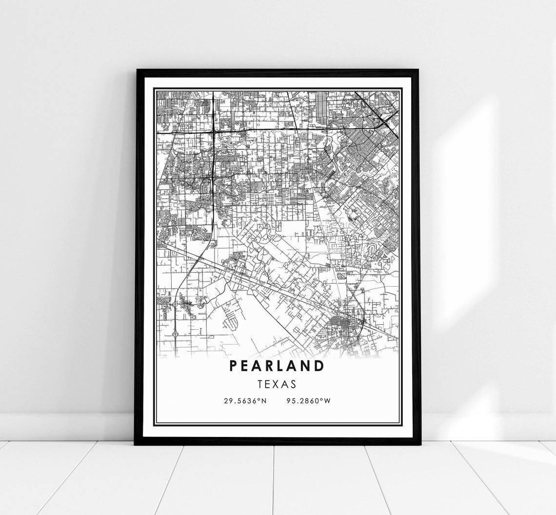 Pearland Texas City Street Map Minimalist Black and White Print