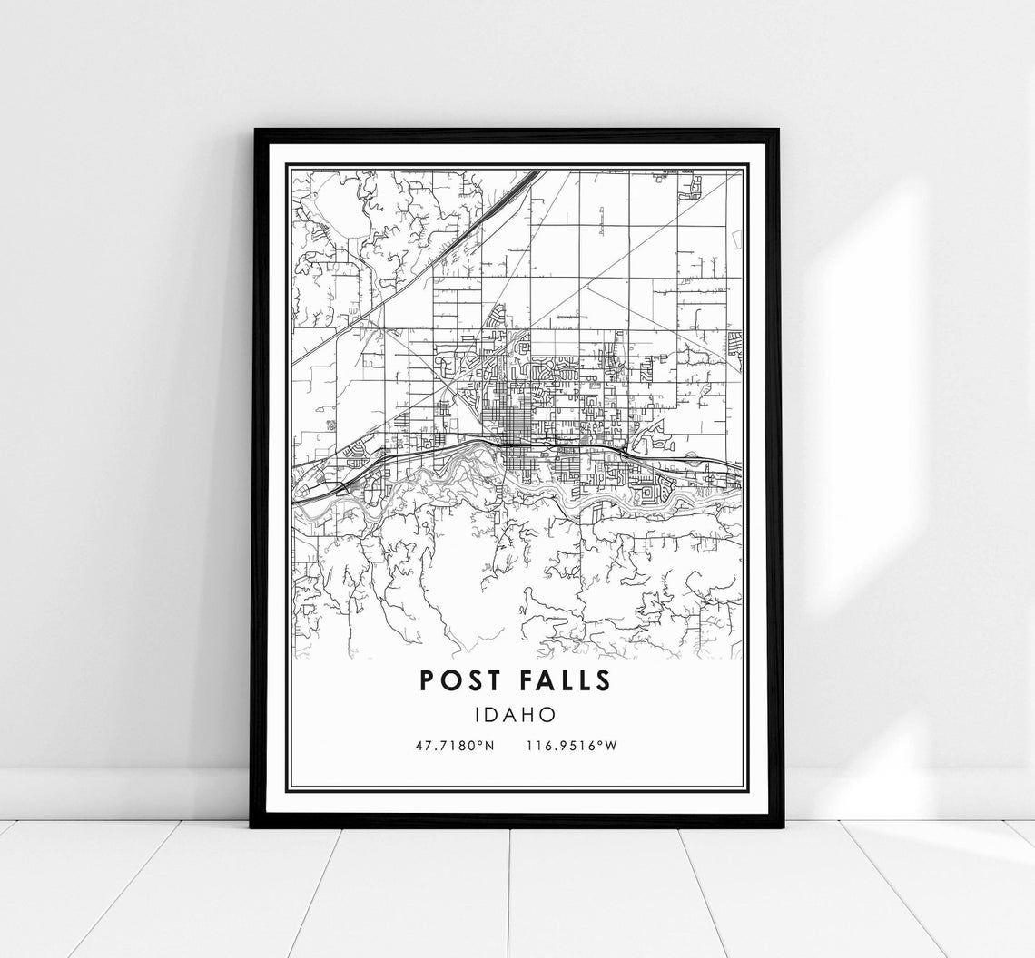 Post Falls Idaho Black and White Minimalist City Map Decor Poster