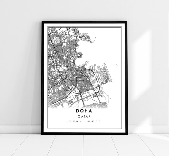 Doha Qatar City Map Line Art Coordinates Modern Travel Poster
